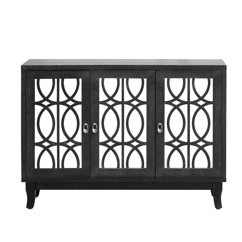 3 Door Mirrored Buffet Cabinet with Silver Handle - N/A