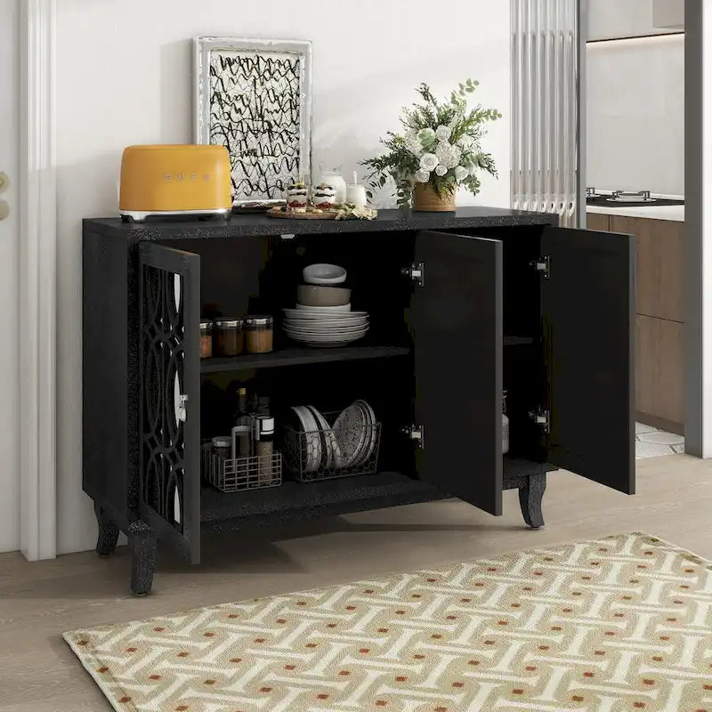 3 Door Mirrored Buffet Cabinet with Silver Handle - N/A