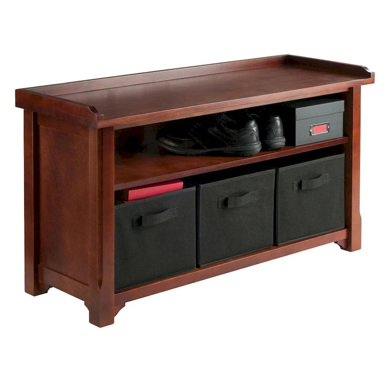 Verona 4-Pc Storage Bench with 3 Foldable Fabric Baskets, Walnut and Black - 40 x 14.2 x 22 inches