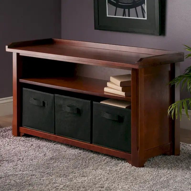 Verona 4-Pc Storage Bench with 3 Foldable Fabric Baskets, Walnut and Black - 40 x 14.2 x 22 inches