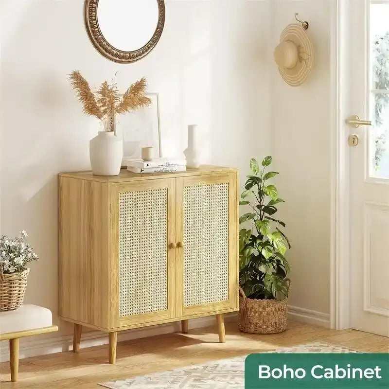 Storage Cabinet with PE Rattan Decor Doors - 15.7D x 31.5W x 34.6H