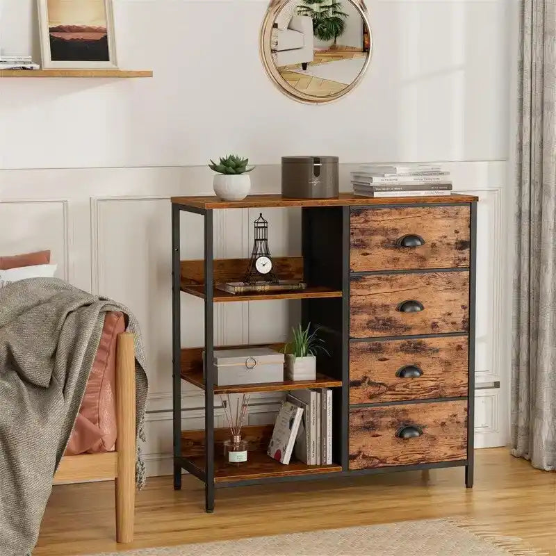 Black Dresser with 4 Drawers and Side Shelf - 11.4D x 28.3W x 31.8H