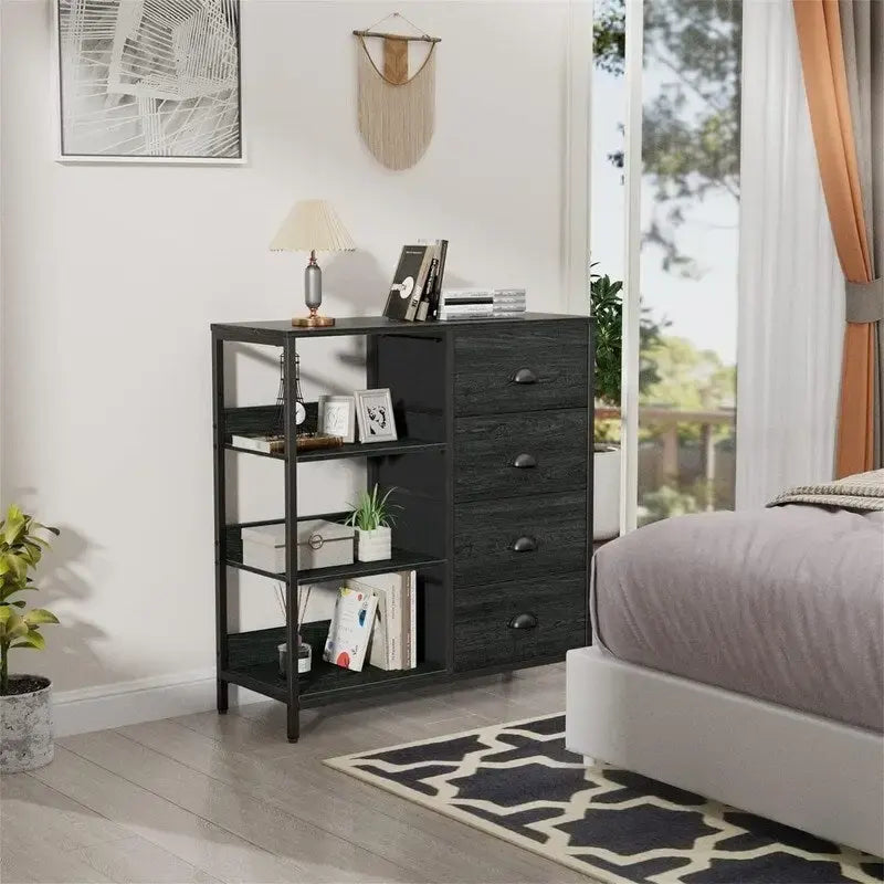 Black Dresser with 4 Drawers and Side Shelf - 11.4D x 28.3W x 31.8H