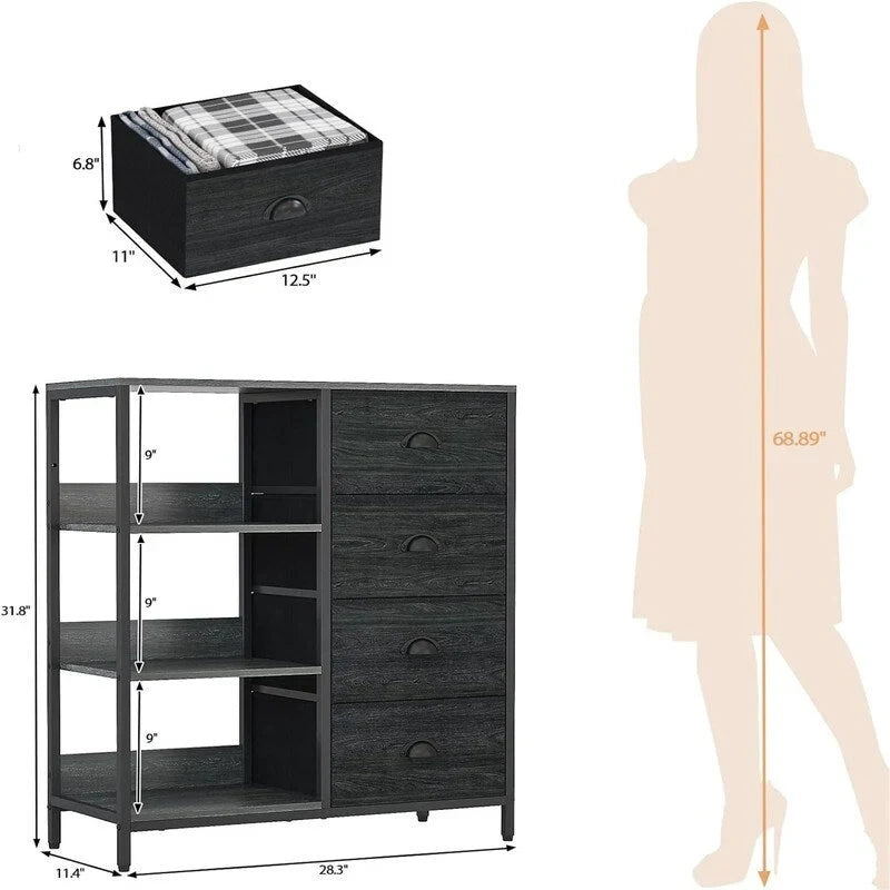 Black Dresser with 4 Drawers and Side Shelf - 11.4D x 28.3W x 31.8H