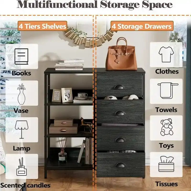 Black Dresser with 4 Drawers and Side Shelf - 11.4D x 28.3W x 31.8H