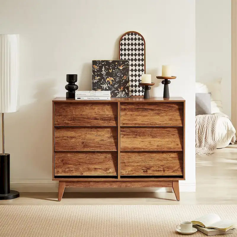 Mid-Century Modern 6-Draw Dresser with Bevel Design