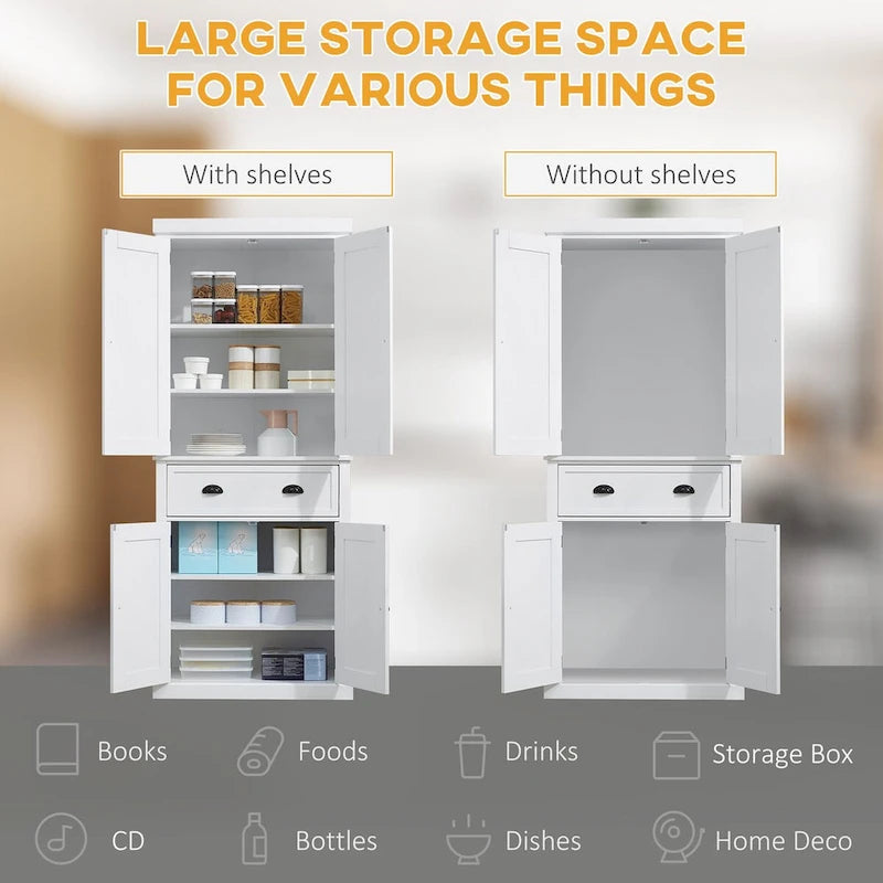 72 Freestanding Kitchen Pantry Cabinet, Tall Storage Cabinet with 2 Door Cupboards, 2 Drawers and Adjustable Shelves