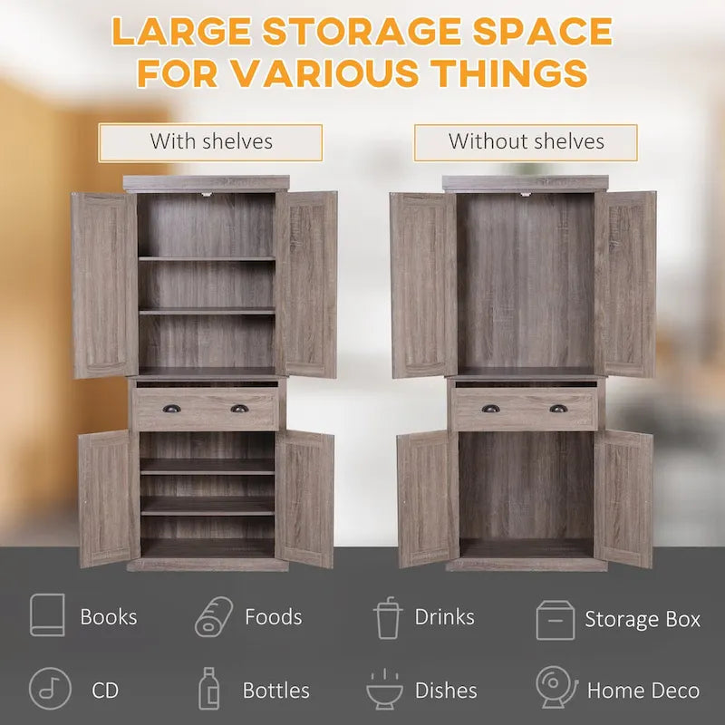 72 Freestanding Kitchen Pantry Cabinet, Tall Storage Cabinet with 2 Door Cupboards, 2 Drawers and Adjustable Shelves