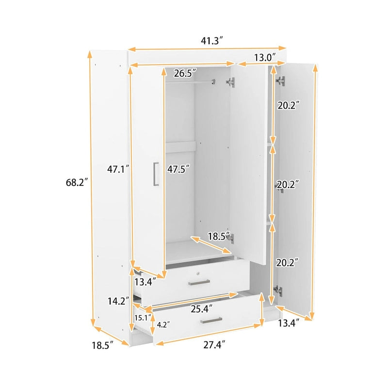 3-Door Wood Wardrobe with Drawers - N/A