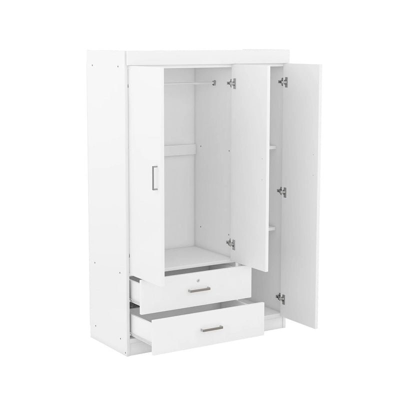 3-Door Wood Wardrobe with Drawers - N/A