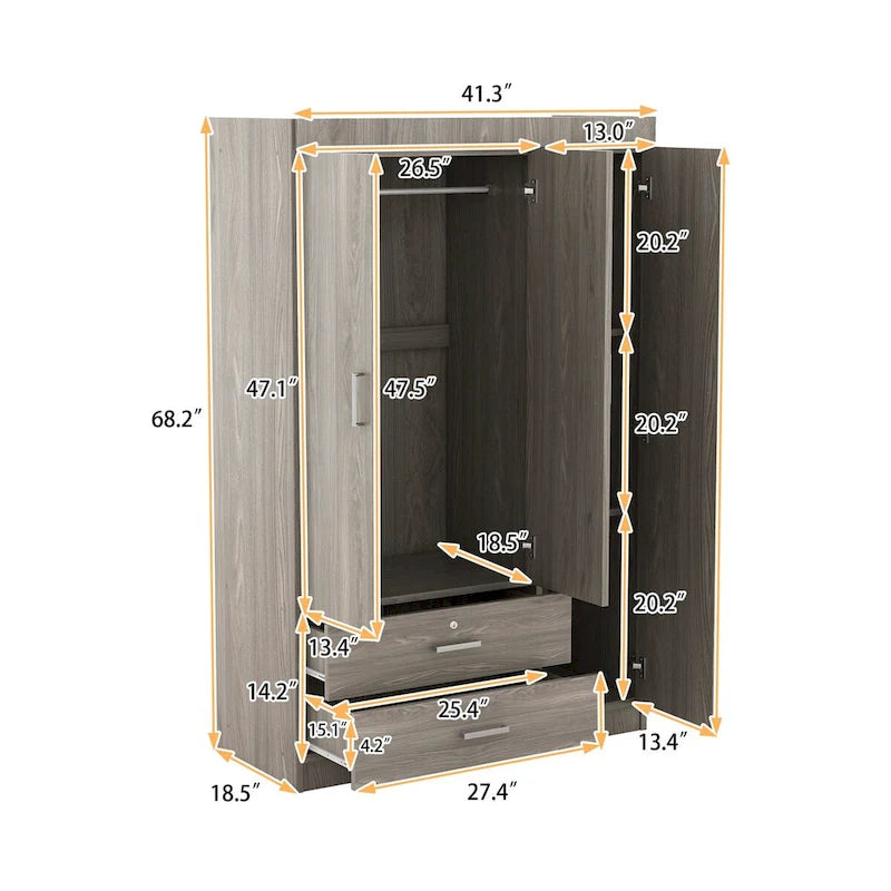 3-Door Wood Wardrobe with Drawers - N/A