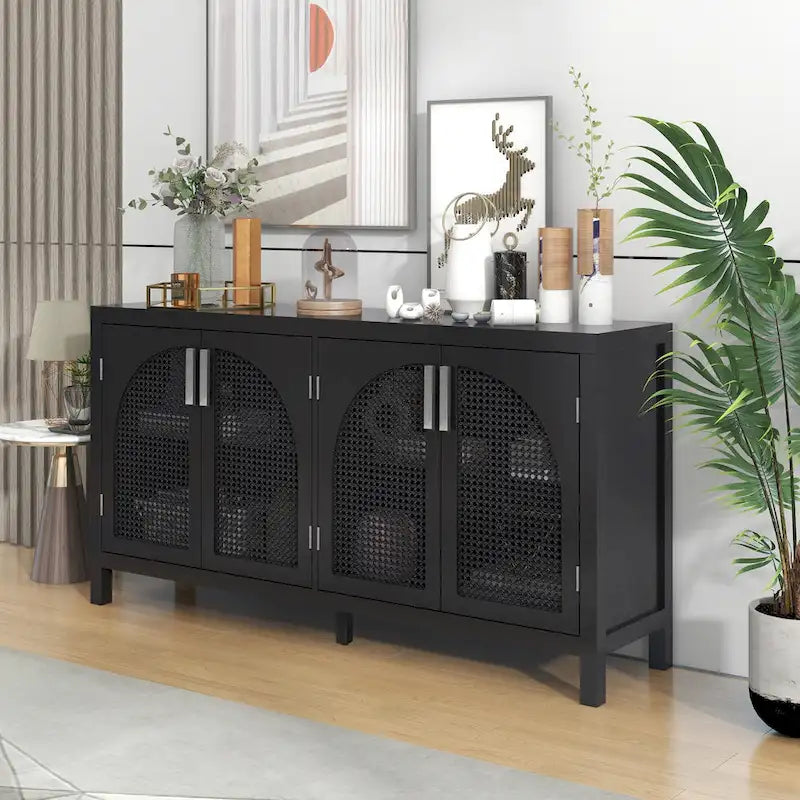 Large Storage Space Sideboard with Artificial Rattan Door - N/A