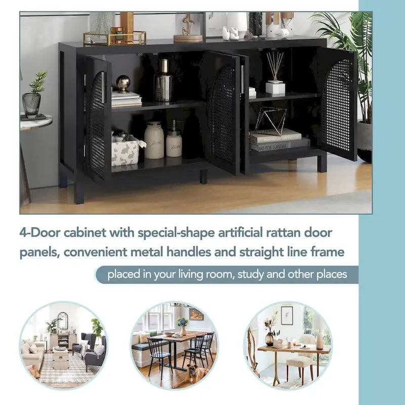 Large Storage Space Sideboard with Artificial Rattan Door - N/A