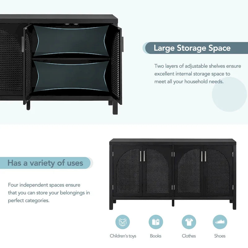 Large Storage Space Sideboard with Artificial Rattan Door - N/A