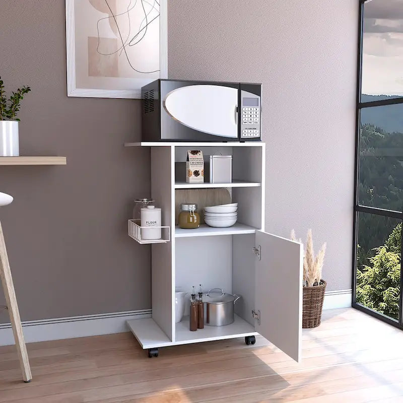 Kitchen Cart Kryot, Single Door Cabinet, Four Casters, White Finish,High quality and durable
