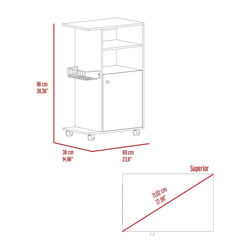 Kitchen Cart Kryot, Single Door Cabinet, Four Casters, White Finish,High quality and durable