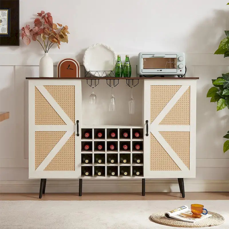 Rustic Wood Storage Cabinet with Wine Rack and Wine Glass Rack