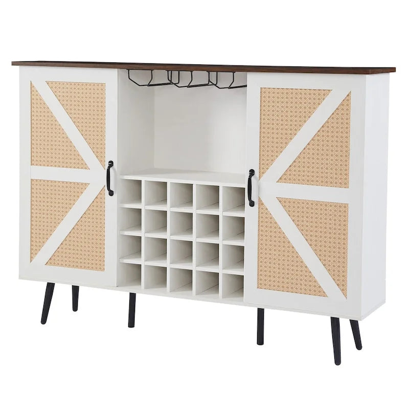 Rustic Wood Storage Cabinet with Wine Rack and Wine Glass Rack