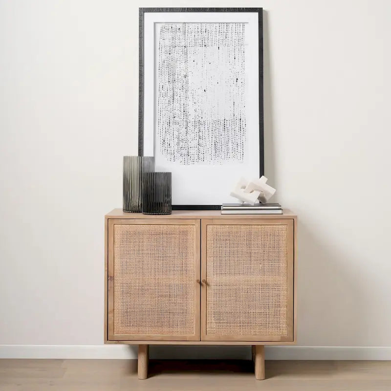 Grier Light Brown Solid Wood w/ Cane Doors Accent Cabinet