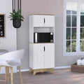 Microwave Tall Cabinet Counter Surface, Top And Lower Double Doors Cabinets -Light Oak / White