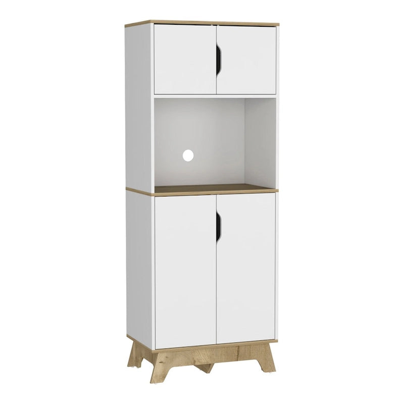 Microwave Tall Cabinet Counter Surface, Top And Lower Double Doors Cabinets -Light Oak / White