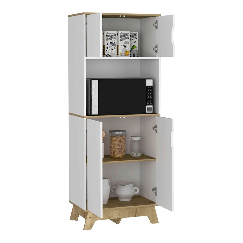 Microwave Tall Cabinet Counter Surface, Top And Lower Double Doors Cabinets -Light Oak / White