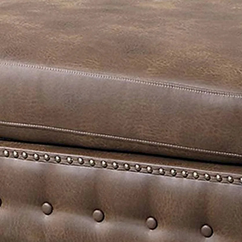 34 Inch Square Ottoman, Handcrafted Legs, Brown Vegan Faux Leather