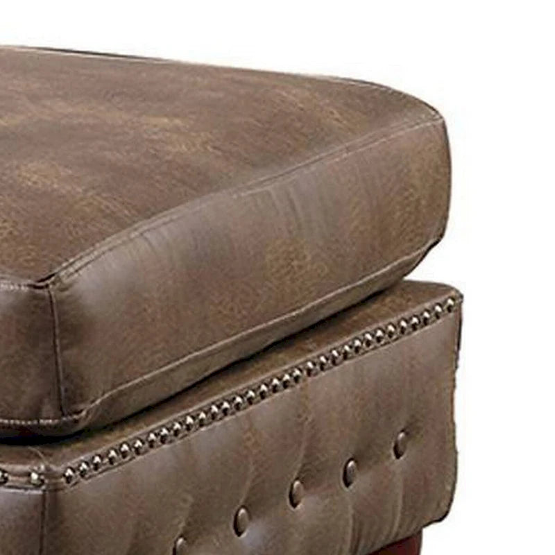 34 Inch Square Ottoman, Handcrafted Legs, Brown Vegan Faux Leather