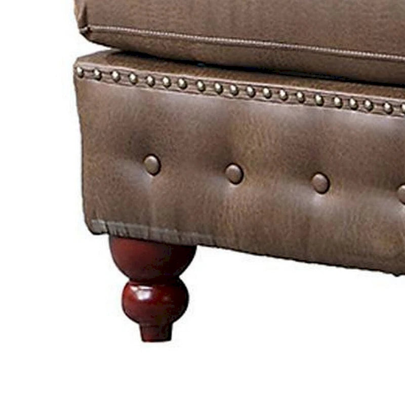 34 Inch Square Ottoman, Handcrafted Legs, Brown Vegan Faux Leather