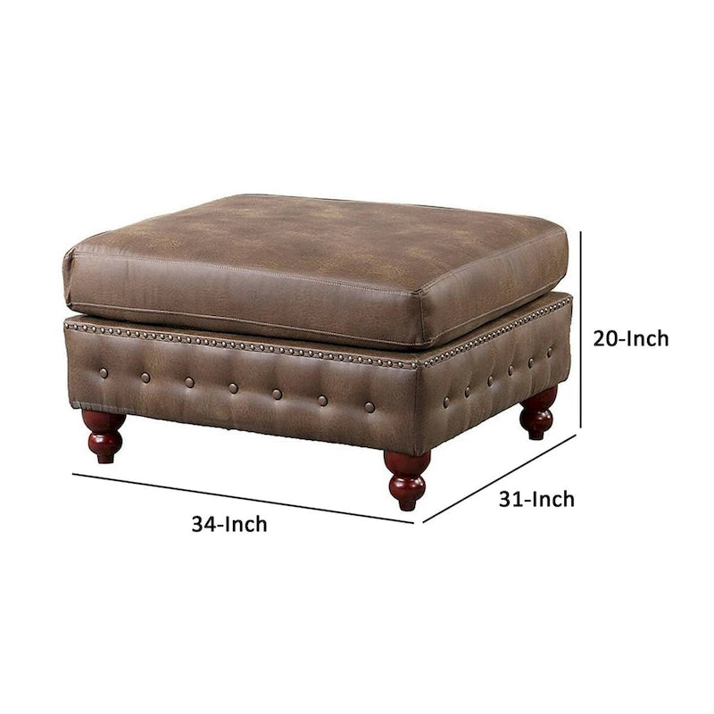 34 Inch Square Ottoman, Handcrafted Legs, Brown Vegan Faux Leather