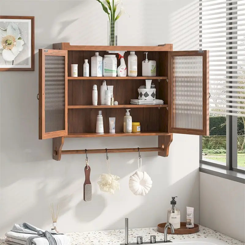 24.8Glass Door Vintage Double Door Wall Cabinet with Three Tiers