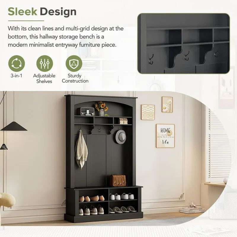 47.2Wide Hall Tree Multi-functional Shoe Storage with 3 Hanging Hooks