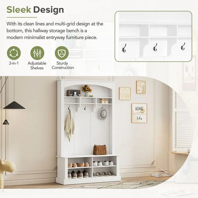47.2Wide Hall Tree Multi-functional Shoe Storage with 3 Hanging Hooks