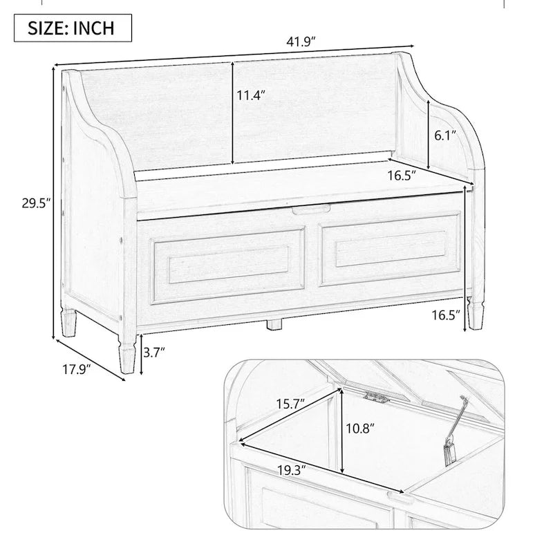 Rustic Style Solid Wood Entryway Storage Bench with Safety Hinge