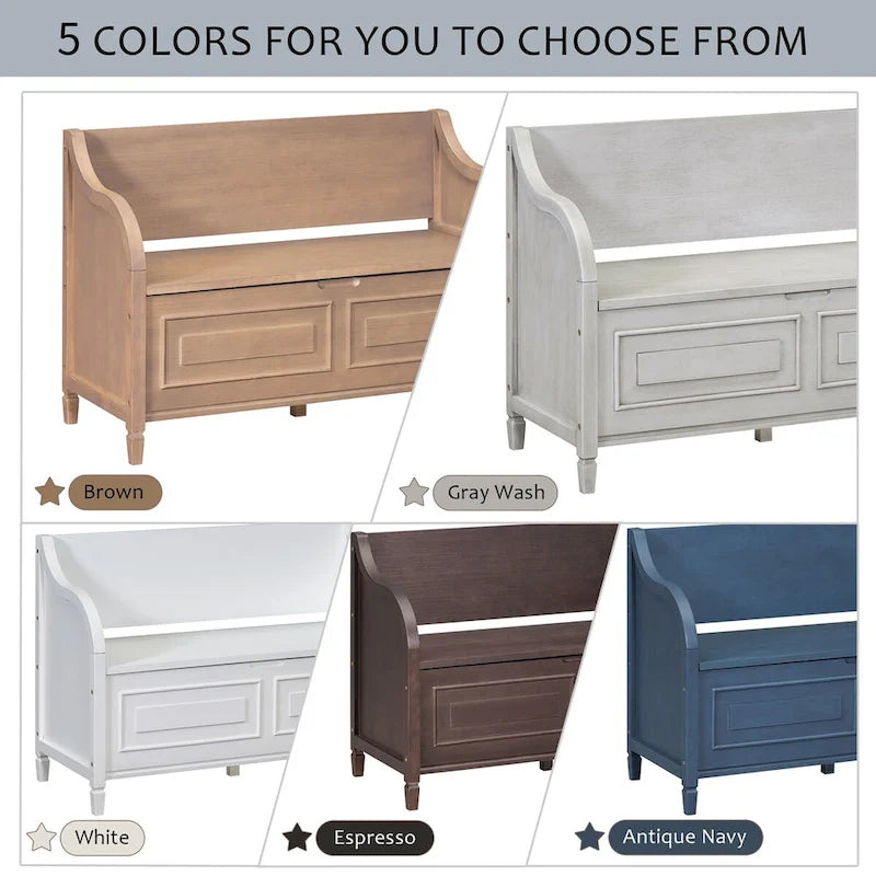 Rustic Style Solid Wood Entryway Storage Bench with Safety Hinge