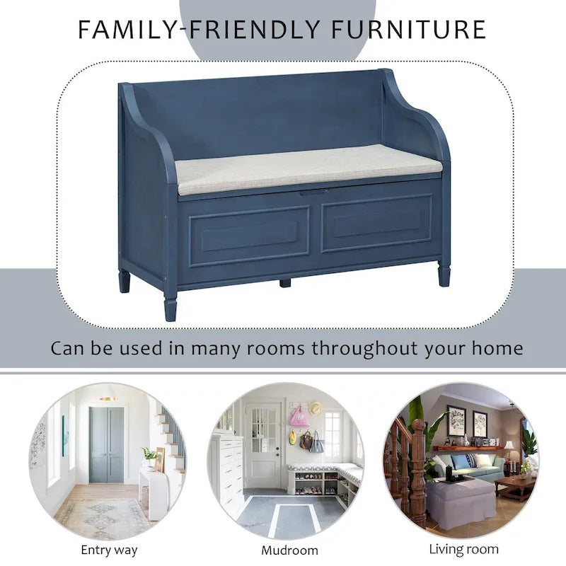 Rustic Style Solid Wood Entryway Storage Bench with Safety Hinge