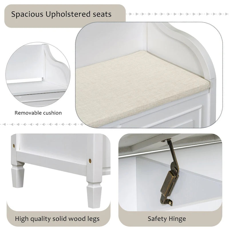 Rustic Style Solid Wood Entryway Storage Bench with Safety Hinge