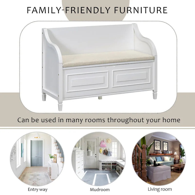 Rustic Style Solid Wood Entryway Storage Bench with Safety Hinge