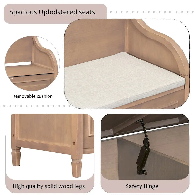 Rustic Style Solid Wood Entryway Storage Bench with Safety Hinge