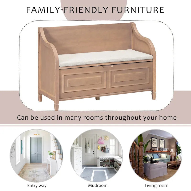 Rustic Style Solid Wood Entryway Storage Bench with Safety Hinge