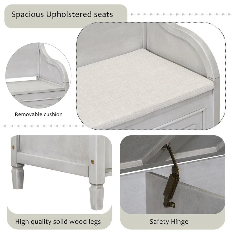 Rustic Style Solid Wood Entryway Storage Bench with Safety Hinge