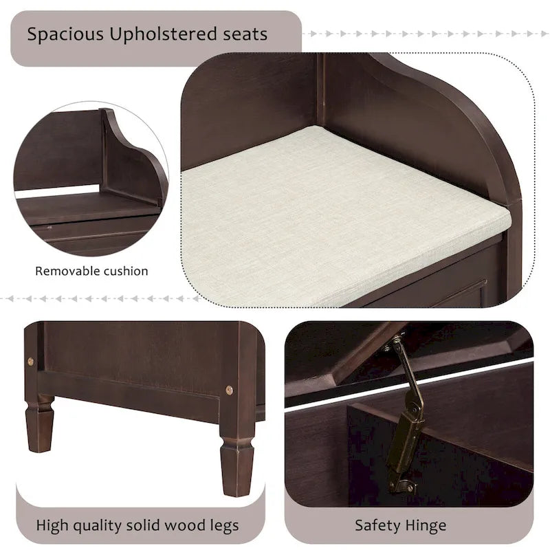 Rustic Style Solid Wood Entryway Storage Bench with Safety Hinge