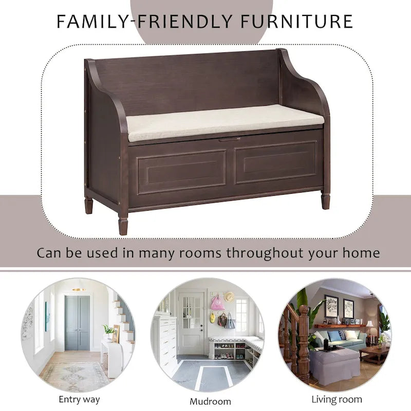 Rustic Style Solid Wood Entryway Storage Bench with Safety Hinge