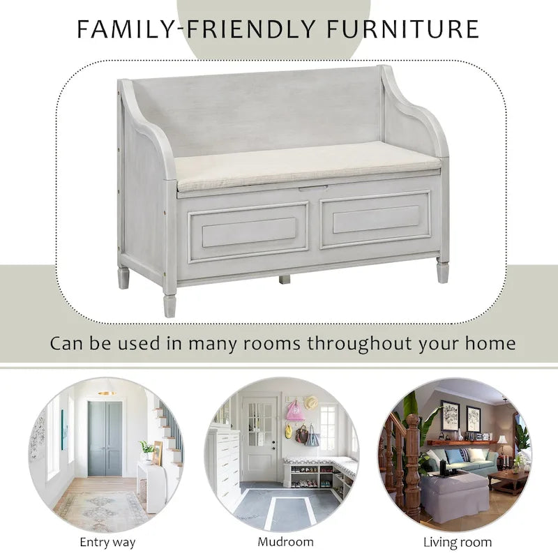 Rustic Style Solid wood Entryway Multifunctional Storage Bench with Safety Hinge