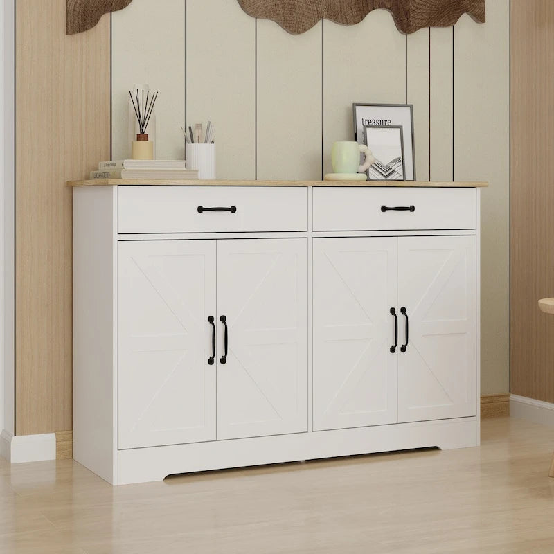 47.95 Farmhouse Buffet Cabinet Storage Sideboard with 2 Drawers and 4 Doors for Dining Living Room Kitchen Cupboard-White