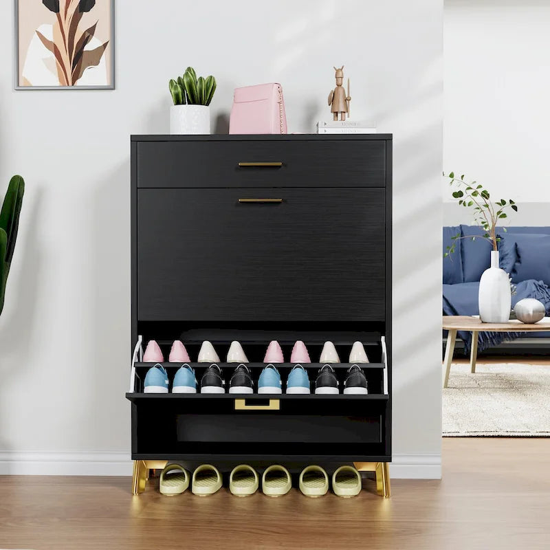 Hidden Shoe Rack Storage for Entryway,Free Standing Shoe Organizer with 2 Flip Drawers