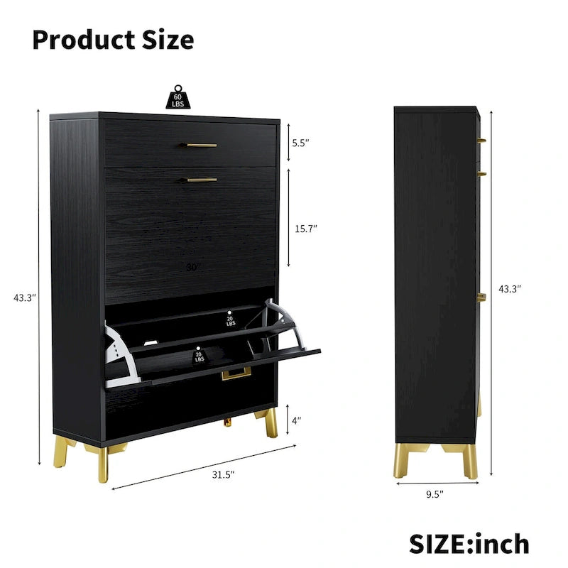 Hidden Shoe Rack Storage for Entryway,Free Standing Shoe Organizer with 2 Flip Drawers