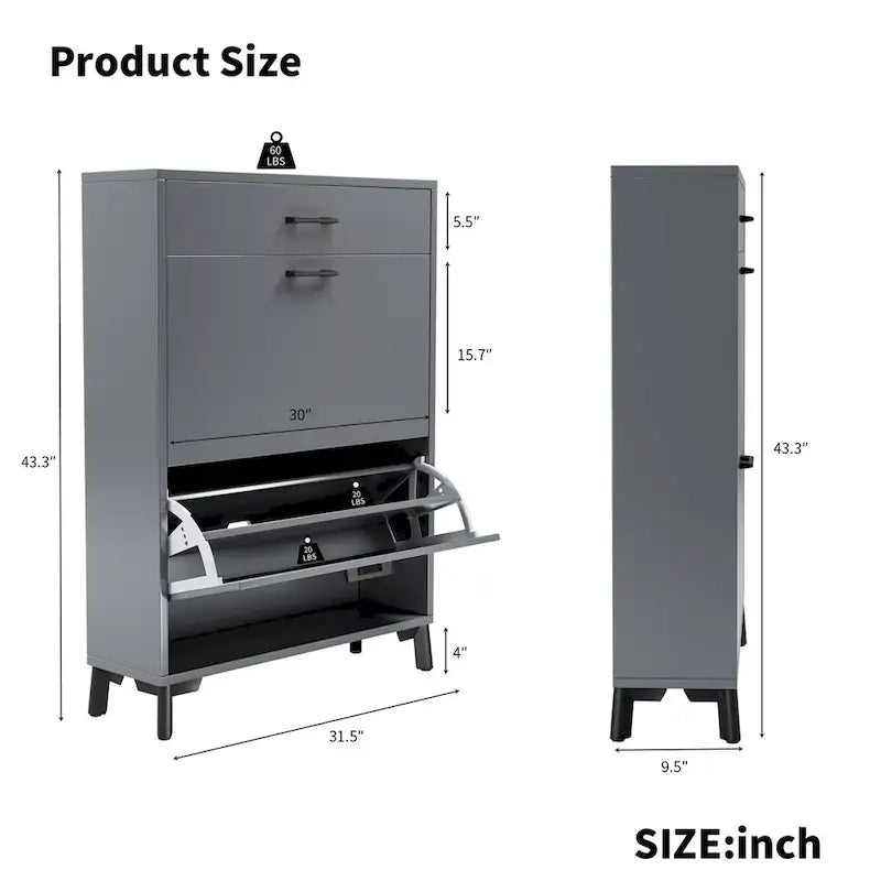 Hidden Shoe Rack Storage for Entryway,Free Standing Shoe Organizer with 2 Flip Drawers