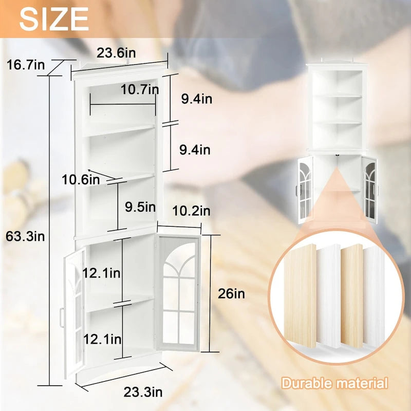 Corner Storage Cabinet,63.3 Tall Freestanding Bookcase with Doors & Adjustable Shelves,5-Tier Corner Display Cabinet