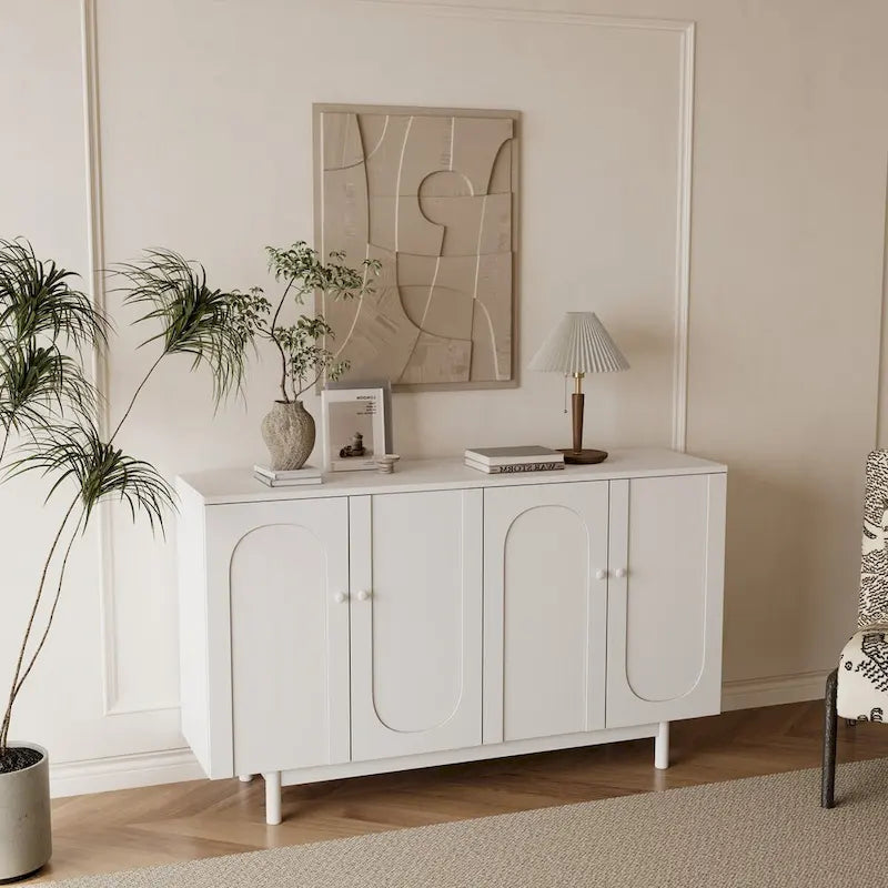 Stylish and Functional 4-Door Storage Cabinet with Pine Legs, Solid Wood Pulls and MDF, for Living Room Bedroom,and Kitchen
